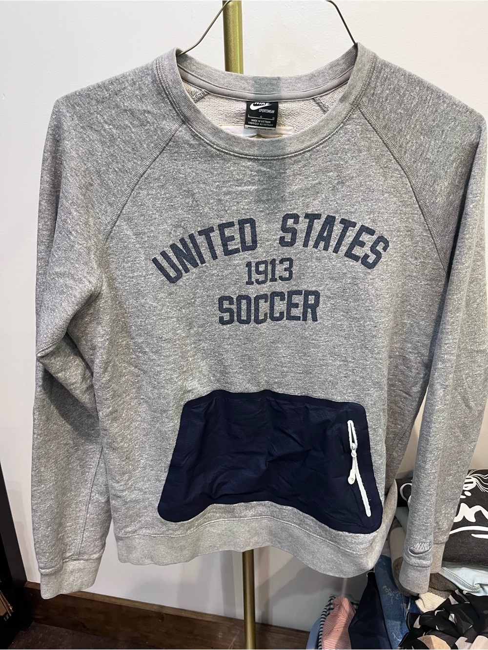 USA SOCCER Nike Gray Crewneck Sweatshirt with Navy Zip Pocket